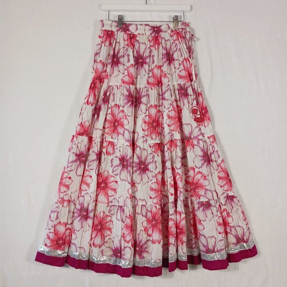 Lalla Nissa, Tiered Maxi Floral Skirt, Medium, Floral Print Stretch Waist w/ Tie - Picture 4 of 15